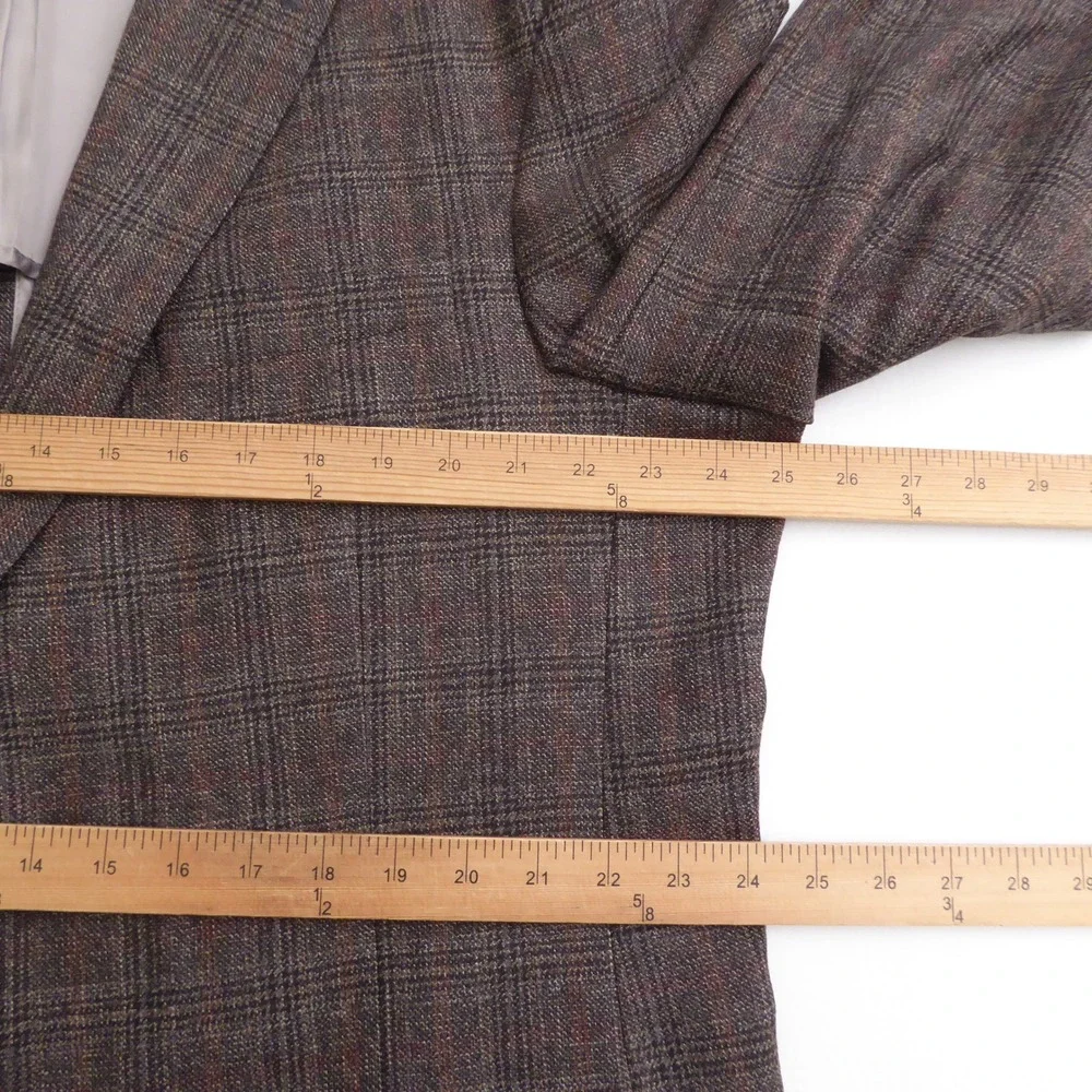 Hart Schaffner Marx Mens Blazer Brown Plaid Wool Two Button Half Lined 48L Long
